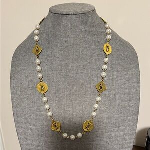 French inspired Perfume #5 Gold accent and White Pearl Necklace